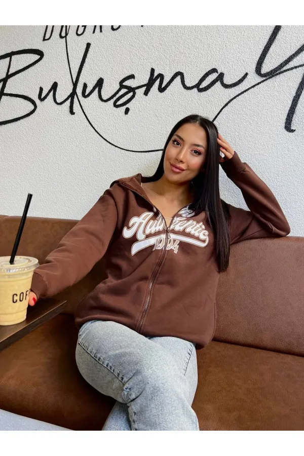 Kadın Kahverengi Baskılı Kapüşonlu Fermuarlı Oversize Sweatshirt HZL24W-ZK12741