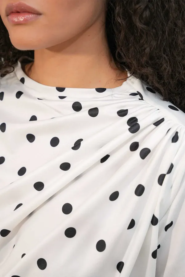 Women's White Satin Short-Sleeve Polka Dot Blouse with Gathered Detail HZL26S-BD1400121 Women's White Satin Short-Sleeve Polka Dot Blouse with Gathered Detail HZL26S-BD1400121