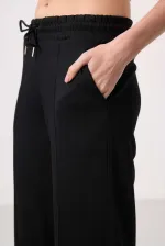 Tommylife Toptan Yumuşak Dokulu Cepli Ön Dikiş Detaylı Kadın Palazzo Pantolon - 94670 Siyah