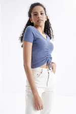 Tommylife Toptan Petrol Büzgü Detaylı V Yaka Kadın Crop Top T-Shirt - 97205