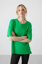 Tommylife Toptan O Yaka Oversize Basic Kadın T-Shirt 97285 Yeşil