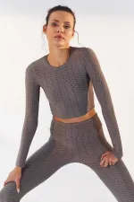 Tommylife Toptan Gri Kendinden Desenli O Yaka Uzun Kol Kadın Crop Top T-Shirt - 97153