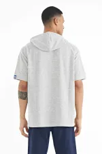Tommylife Toptan Gri Melanj Kapüşonlu Kol Etiket Detaylı Oversize Erkek T-Shirt - 88179
