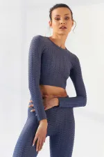 Tommylife Toptan Petrol Kendinden Desenli O Yaka Uzun Kol Kadın Crop Top T-Shirt - 97153