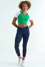 Tommylife Wholesale Green Color Block Logo Print Crew Neck Slim Fit Women's Crop T-Shirt - 97270