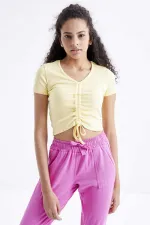 Tommylife Wholesale Yellow Gathered Detail V-Neck Women's Crop Top T-Shirt - 97205