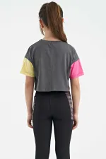 Tommylife Wholesale Dark Grey Printed Crew Neck Dropped Shoulder Oversize Girls' T-Shirt - 75130