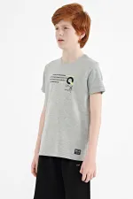T-shirt garçon imprimé Tommylife, col rond, coupe standard, gris chiné, référence 11145