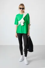 Tommylife Toptan O Yaka Oversize Basic Kadın T-Shirt 97285 Yeşil