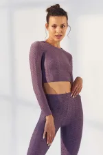 Tommylife Toptan Eflatun Kendinden Desenli O Yaka Uzun Kol Kadın Crop Top T-Shirt - 97153