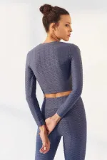 Tommylife Toptan Petrol Kendinden Desenli O Yaka Uzun Kol Kadın Crop Top T-Shirt - 97153