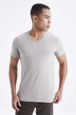 Tommylife Toptan V Yaka Standart Kalıp Basic Erkek T-Shirt 87912 Koyu Bej