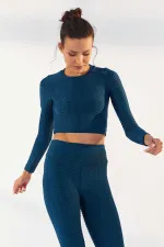 Tommylife Toptan Zümrüt Kendinden Desenli O Yaka Uzun Kol Kadın Crop Top T-Shirt - 97153