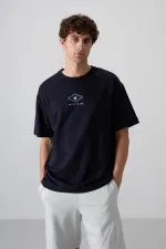 Tommylife Wholesale Crew Neck Oversize Printed Men's T-Shirt 88325 Navy Blue