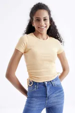 Tommylife Wholesale Orange Basic Side Gathered O-Neck Women's Crop Top T-Shirt - 97203