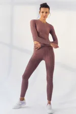 Tommylife Toptan Gül Kurusu Kendinden Desenli O Yaka Uzun Kol Kadın Crop Top T-Shirt - 97153