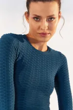 Tommylife Toptan Zümrüt Kendinden Desenli O Yaka Uzun Kol Kadın Crop Top T-Shirt - 97153