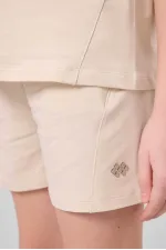 Tommylife Toptan Pamuklu Yumuşak Dokulu Standart Fit Basic Kız Çocuk Şort Takım 75184 Bej