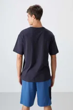 Tommylife Wholesale Crew Neck Oversize Printed Men's T-Shirt 88333 Navy Blue