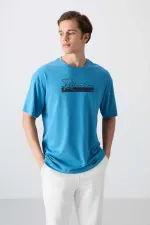Tommylife Toptan O Yaka Oversize Baskılı Erkek T-Shirt 88334 Petrol Mavi