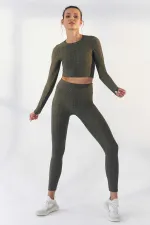 Tommylife Wholesale Light Green Self-Patterned Crew Neck Long Sleeve Women's Crop Top T-Shirt - 97153