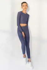 Tommylife Toptan Petrol Kendinden Desenli O Yaka Uzun Kol Kadın Crop Top T-Shirt - 97153