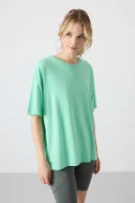 Tommylife Toptan O Yaka Oversize Basic Kadın T-Shirt 97285 Su Yeşili