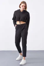 Tommylife Toptan Siyah Yüksek Bel Jogger Rahat Form Dar Paça Kadın Eşofman Alt - 94566