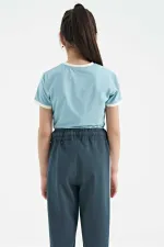 Tommylife Toptan Açık Mavi Baskı Detaylı O Yaka Çok Renkli Bağlama Detaylı Kız Çocuk T-Shirt - 75113