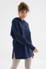 Tommylife Toptan İndigo Reglan Kol Basic Kapüşonlu Oversize Tunik - 97242
