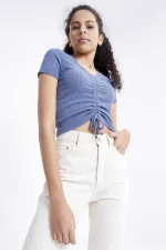 Tommylife Toptan Petrol Büzgü Detaylı V Yaka Kadın Crop Top T-Shirt - 97205