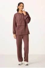Ensemble tunique de survêtement à capuche oversize pour femme Tommylife, texture douce, vente en gros - 95348 Marron