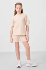 Tommylife Toptan Pamuklu Yumuşak Dokulu Standart Fit Basic Kız Çocuk Şort Takım 75184 Bej