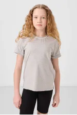 Tommylife Toptan Pamuklu O Yaka Oversize Fit Baskılı Kız Çocuk T Shirt 75177 Gri Melanj
