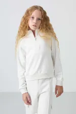 Tommylife Toptan 7-15 Yaş Dik Yaka Standart Kalıp Kız Çocuk Eşofman Takımı 75159 Ekru
