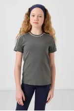 Tommylife Toptan Pamuklu O Yaka Oversize Fit Baskılı Kız Çocuk T Shirt 75177 Haki