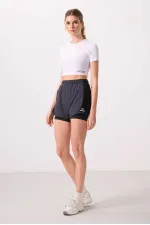 Tommylife Toptan Polyester Gizli Cep Fermuarlı Standart Kalıp Kadın İçi Taytlı Şort - 91015 Antrasit