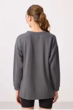 Tommylife Wholesale Soft Texture O Neck Comfortable Form Women's Tunic Sweatshirt - 97305 Dark Gray