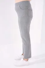 Tommylife Toptan Gri Melanj Klasik Paça Taş Detaylı Kadın Büyük Beden Eşofman Alt - 94040