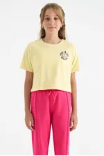 Tommylife Toptan Sarı Ön Arka Baskılı O Yaka Düşük Omuz Oversize Kısa Kollu Kız Çocuk T-Shirt - 75126