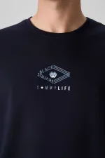 Tommylife Wholesale Crew Neck Oversize Printed Men's T-Shirt 88325 Navy Blue