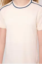 Tommylife Toptan Pamuklu O Yaka Oversize Fit Baskılı Kız Çocuk T Shirt 75177 Ekru