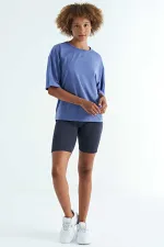 Tommylife Toptan Eflatun O Yaka Baskı Detaylı Oversize Kısa Kol Kadın T-Shirt - 97263