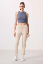 Tommylife Wholesale Soft Textured Hidden Zipper Slim Fit Women's Trousers - 94668 Beige