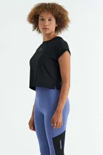 Tommylife Wholesale Black Logo Print Crew Neck Drop Sleeve Oversize Women's Crop T-Shirt - 97262