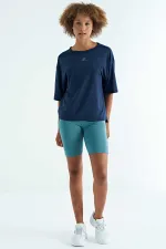 Tommylife Wholesale Indigo Crew Neck Print Detail Oversize Short Sleeve Women's T-Shirt - 97263