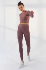 Tommylife Toptan Gül Kurusu Kendinden Desenli O Yaka Uzun Kol Kadın Crop Top T-Shirt - 97153