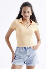 Tommylife Wholesale Orange Polo Collar Basic Short Sleeve Women's Crop Top T-Shirt - 97208