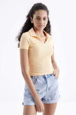 Tommylife Wholesale Orange Polo Collar Basic Short Sleeve Women's Crop Top T-Shirt - 97208