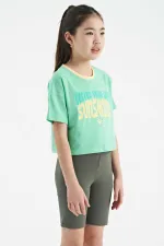 Tommylife Toptan Su Yeşili Renkli Yazı Baskılı O Yaka Oversize  Kısa Kollu Kız Çocuk T-Shirt - 75111